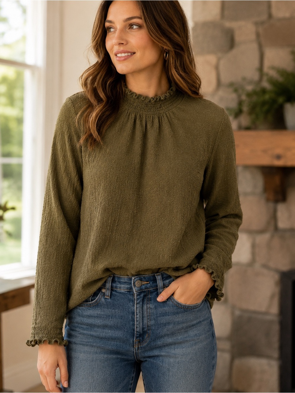 Madewell Texture & Thread Olive Brown Ruffle Smocked Neck Top Small